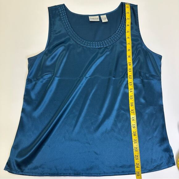 PRICED TO SELL!! Chico’s Blue Sleeveless Satin Top, Size 2, Braided Trim - Picture 7 of 11